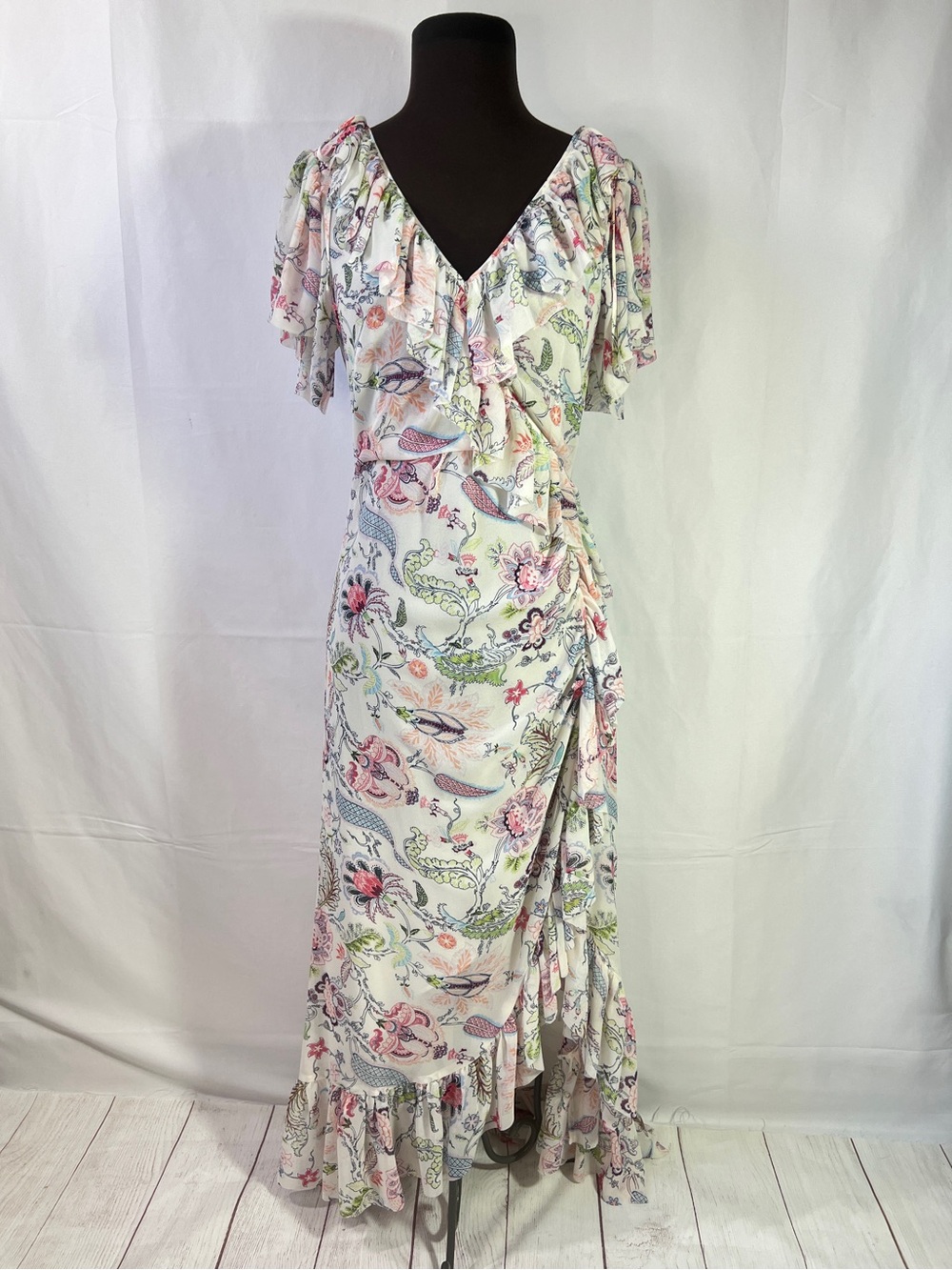 Cinq a Sept Sheila Floral Dress - 4 - Ruffle Trim Midi Shirred Wedding Party - Picture 3 of 15